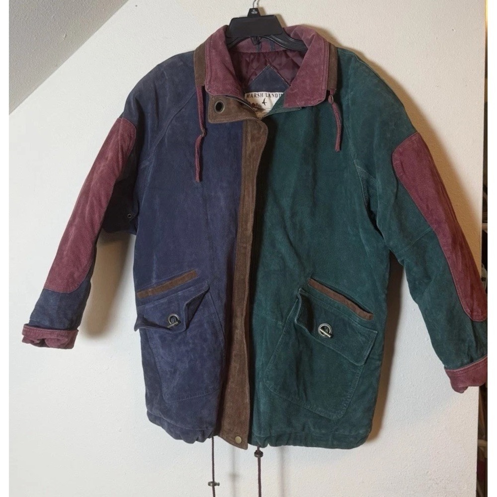 Marsh Landing Colorblock Suede Leather Jacket Mens L Quilted Lined Vintage Coat